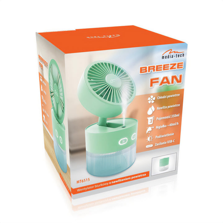 Tischventilator mit Luftbefeuchtung. Fassungsvermögen 350ml. Nebel von 40ml/h. USB-C-Stromversorgung.