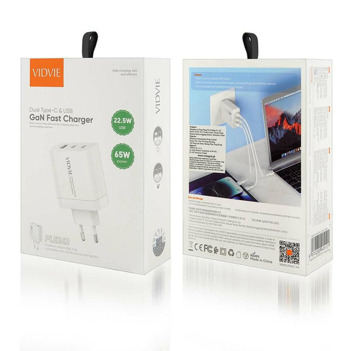 VIDVIE Netzladegerät, 3A, 65W, 2x USB-C, 1x USB, USB-C/USB-C Kabel, PLE262