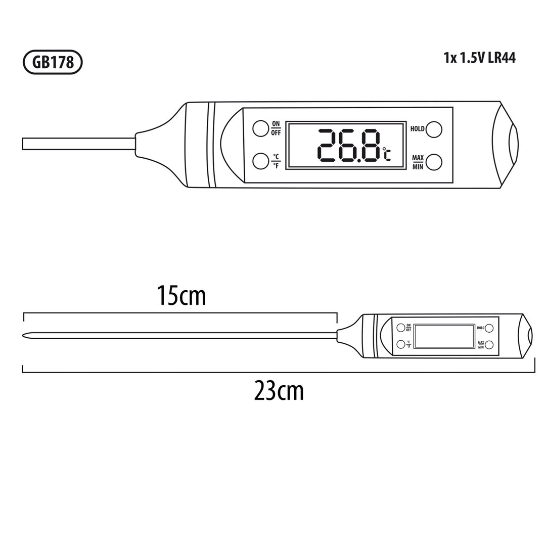 Lebensmittelthermometer/Fühler, Grün-Blau, Fühlerlänge 15 cm, Temperaturbereich -50°C bis +300°C, Genauigkeit 0,1°C, GB178, 3 Stück.