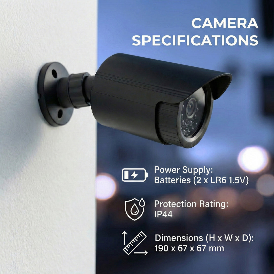 Set mit zwei Attrappen von Röhrenkameras, IR-LEDs, schwarz, Stromversorgung 2xAA (nicht im Lieferumfang enthalten), ABS, IR1800 BT