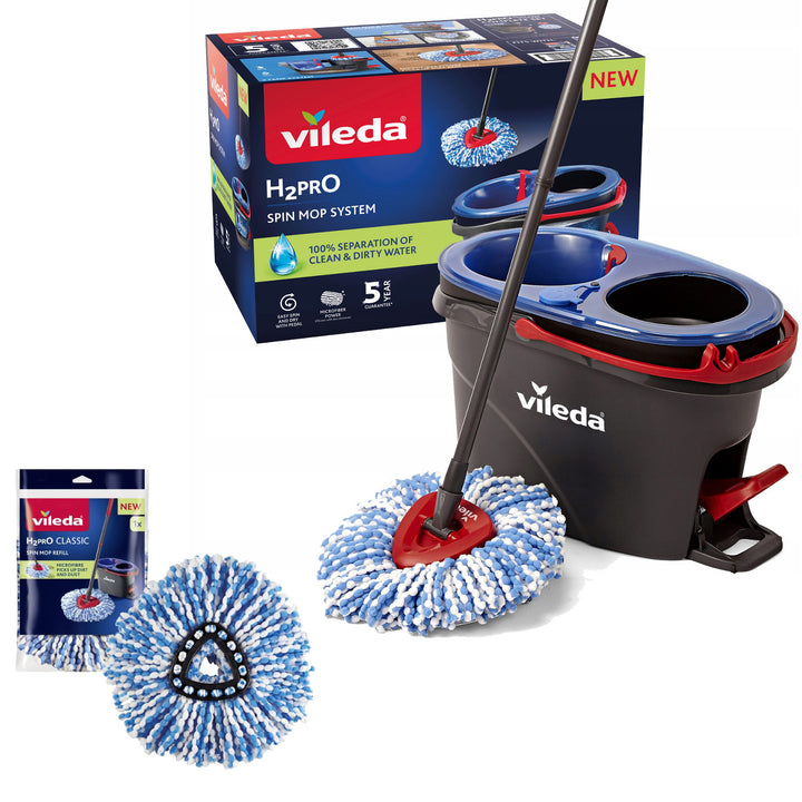 Vileda Rotationsmopp, zwei Kammern, Zentrifugationssystem, klappbare Stange, einfache Reinigung von Ecken, Turbo H2prO + extra Kartusche