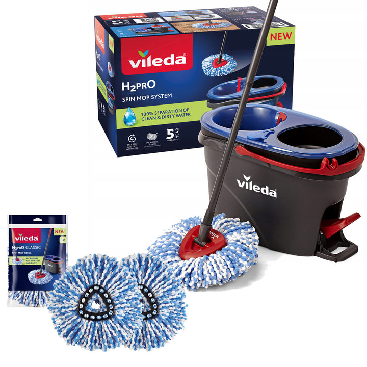 Vileda Rotationsmopp, zwei Kammern, Zentrifugationssystem, klappbare Stange, einfache Reinigung von Ecken, Turbo H2prO + 2 extra Kartuschen