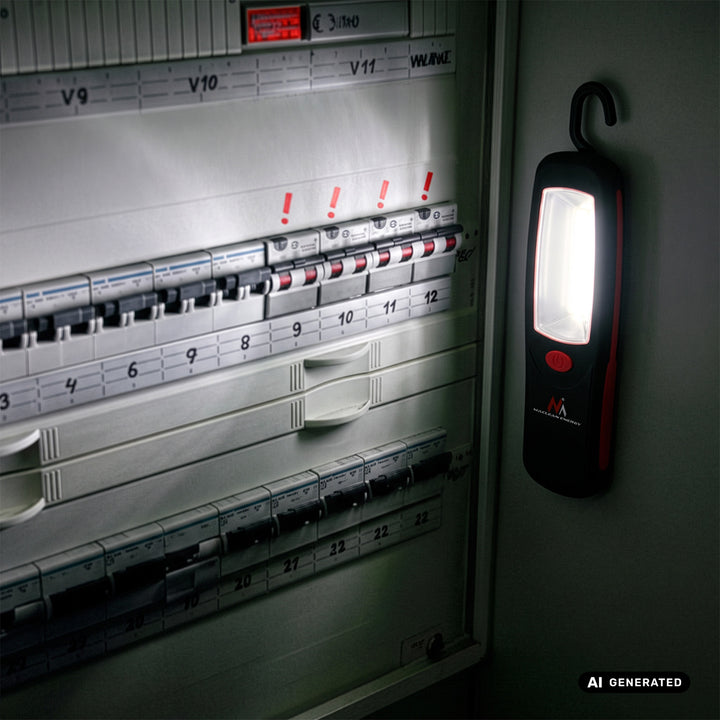 Maclean COB-LED-Werkstattlampe, Magnet, Haken, 3xAA, MCE03 + 3x Varta Industrial LR6/AA R-06-Batterien