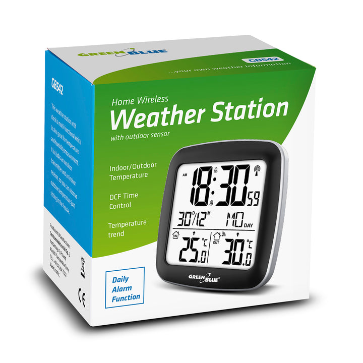 GreenBlue drahtlose Wetterstation, mit DCF, Kalender, Alarm, GB542 + 4x Varta Industrial AAA Alkalibatterie