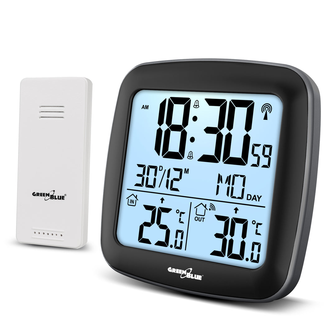 GreenBlue drahtlose Wetterstation, mit DCF, Kalender, Alarm, GB542 + 4x Varta Industrial AAA Alkalibatterie