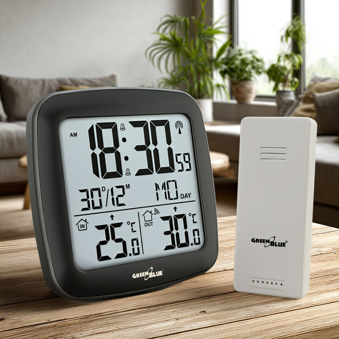 GreenBlue drahtlose Wetterstation, mit DCF, Kalender, Alarm, GB542 + 4x Varta Industrial AAA Alkalibatterie