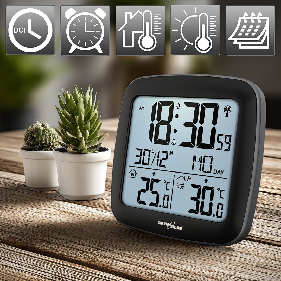 GreenBlue drahtlose Wetterstation, mit DCF, Kalender, Alarm, GB542 + 4x Varta Industrial AAA Alkalibatterie