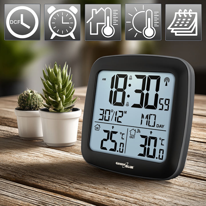 GreenBlue drahtlose Wetterstation, mit DCF, Kalender, Alarm, GB542 + 4x Varta Industrial AAA Alkalibatterie