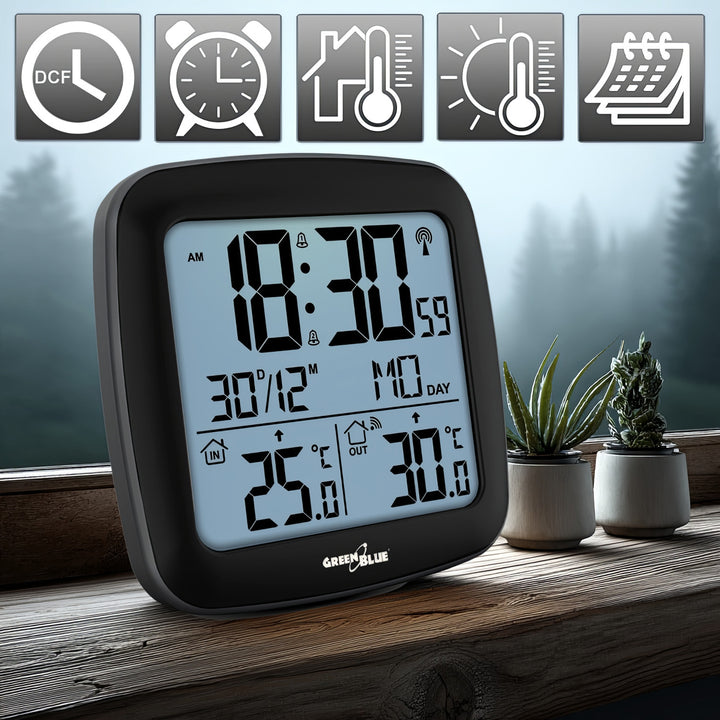 GreenBlue drahtlose Wetterstation, mit DCF, Kalender, Alarm, GB542 + 4x Varta Industrial AAA Alkalibatterie
