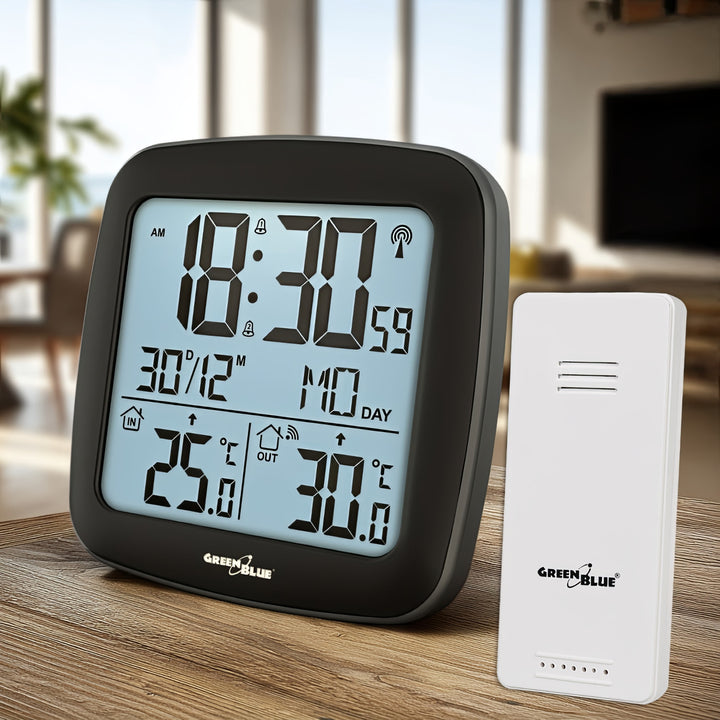 GreenBlue drahtlose Wetterstation, mit DCF, Kalender, Alarm, GB542 + 4x Varta Industrial AAA Alkalibatterie