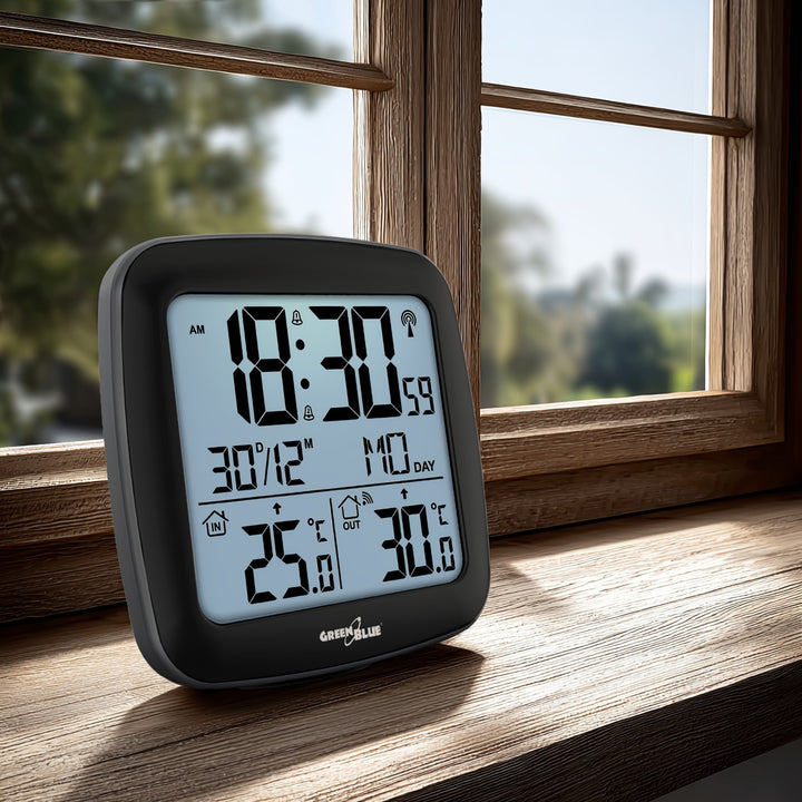 GreenBlue drahtlose Wetterstation, mit DCF, Kalender, Alarm, GB542 + 4x Varta Industrial AAA Alkalibatterie