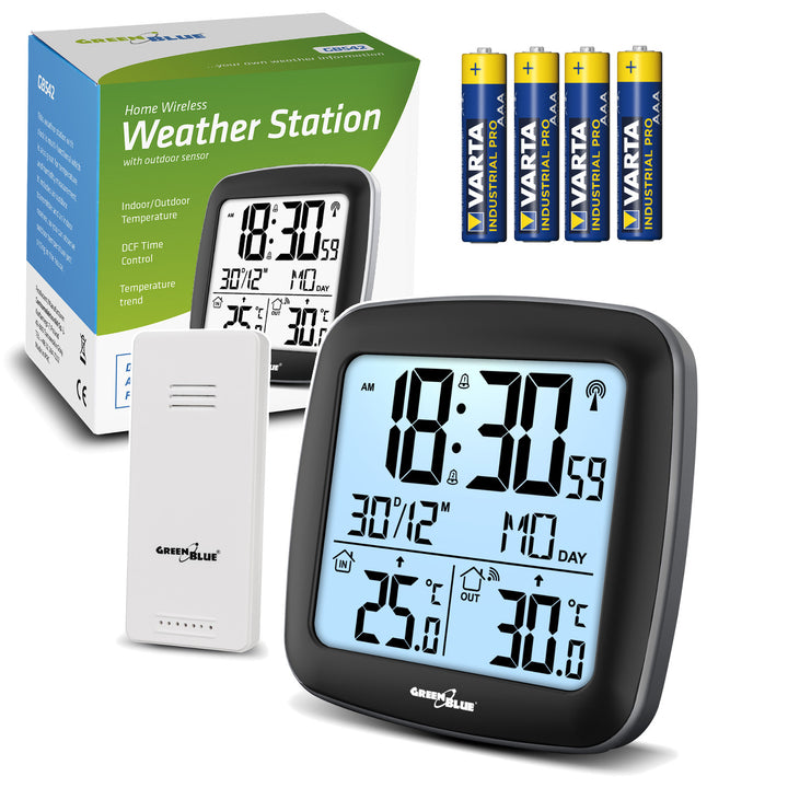 GreenBlue drahtlose Wetterstation, mit DCF, Kalender, Alarm, GB542 + 4x Varta Industrial AAA Alkalibatterie