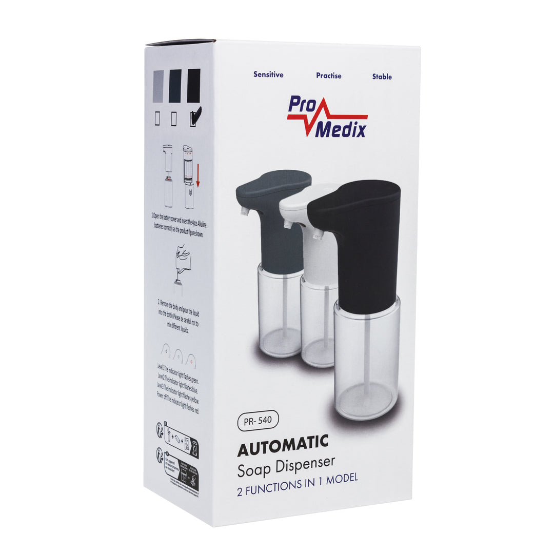 Promedix automatischer Spender, Spenderbehälter für Flüssigseifen, Desinfektionsflüssigkeiten, 300ml, schwarz, PR-540 B + 4 AA Varta Industrial Batterien