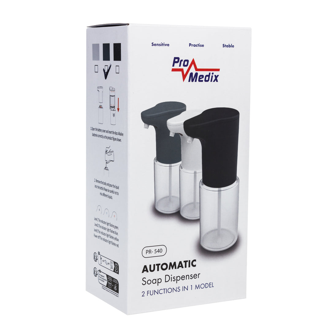 Promedix automatischer Spender, Spenderbehälter für Flüssigseifen, Desinfektionsflüssigkeiten, 300ml, grau, PR-540 GR + 4 Varta Industrial AA Batterien