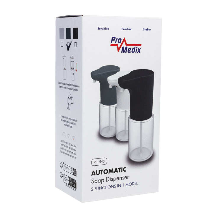 Promedix automatischer Spender, Spenderbehälter für Flüssigseifen, Desinfektionsflüssigkeiten, 300ml, grau, PR-540 GR + 4 Varta Industrial AA Batterien