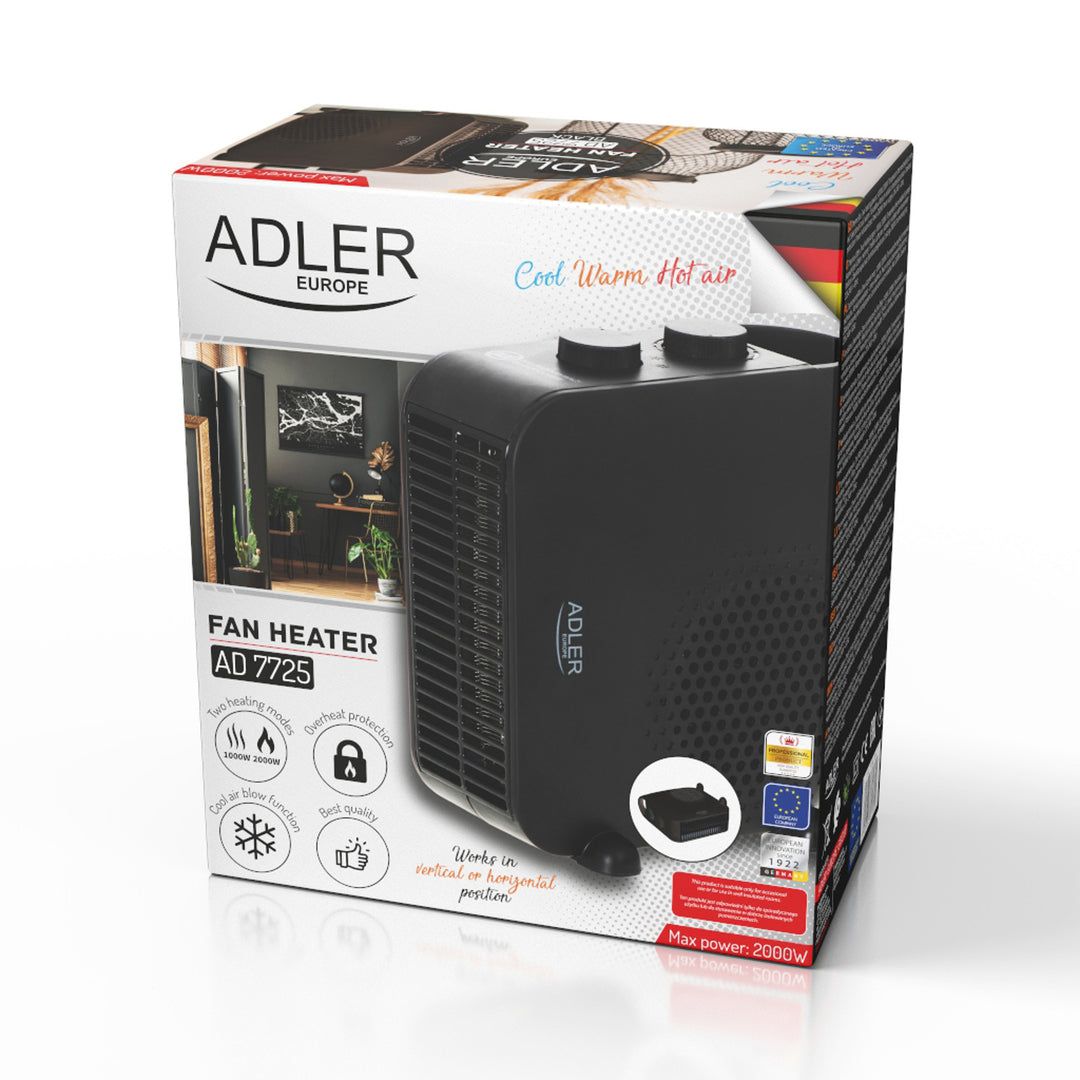Adler Heizlüfter, 2 Leistungsstufen, max 2000W, Thermostat, schwarz, AD 7725