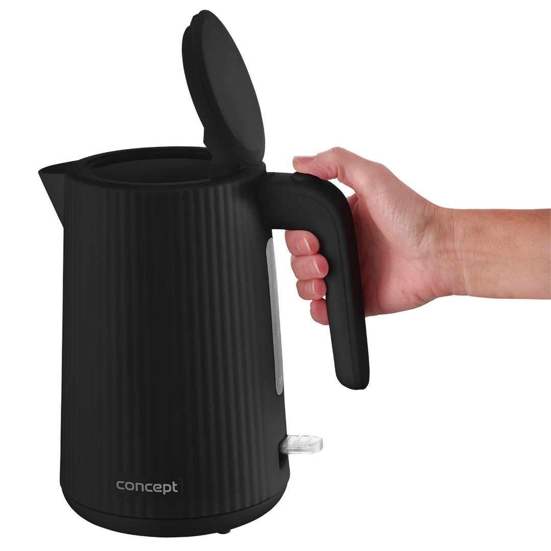 Concept Kunststoff-Wasserkocher, 1,7 l, geriffeltes Design, dreifaches Sicherheitssystem, Sedimentfilter, Wasserstandsanzeige, schwarz, RK2391