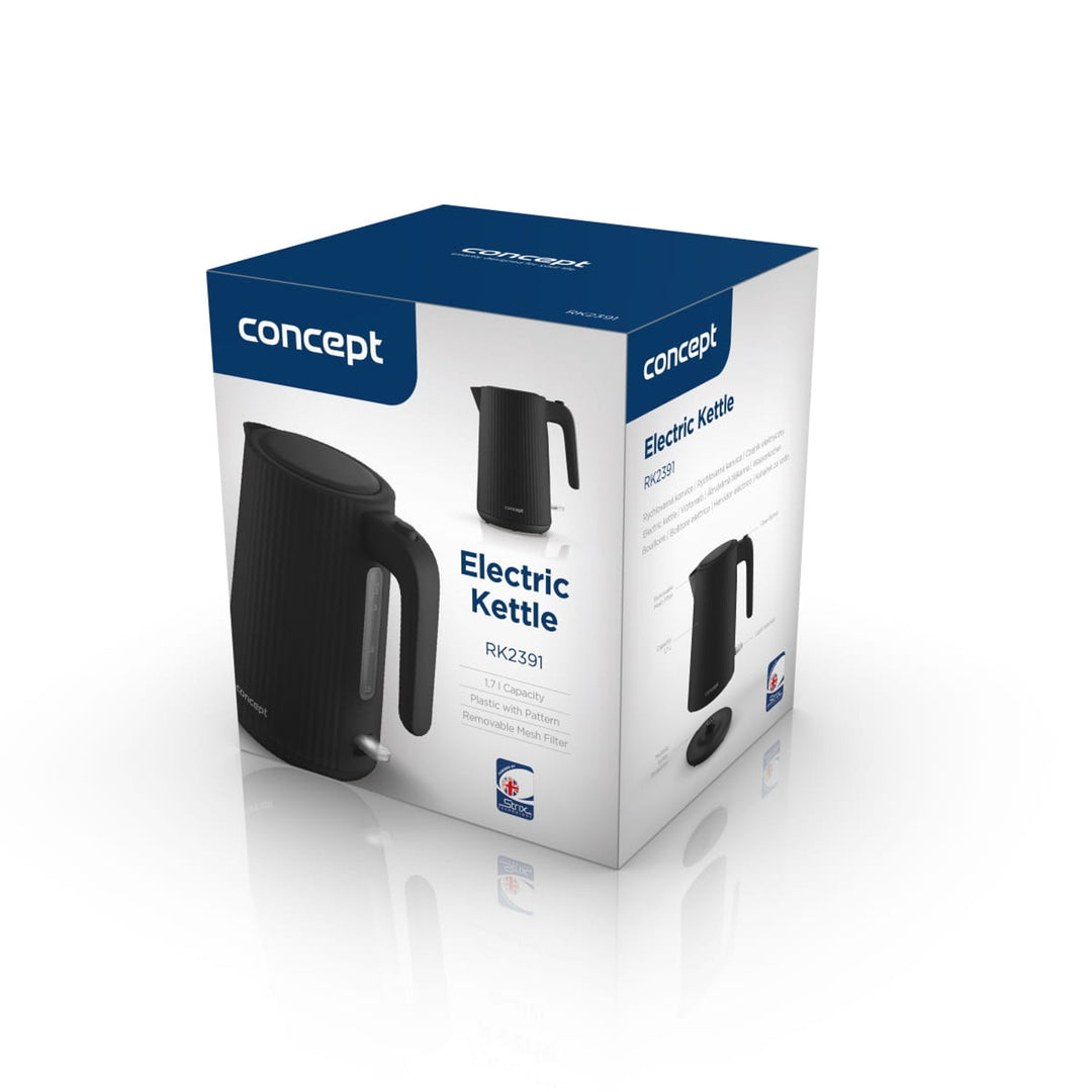 Concept Kunststoff-Wasserkocher, 1,7 l, geriffeltes Design, dreifaches Sicherheitssystem, Sedimentfilter, Wasserstandsanzeige, schwarz, RK2391