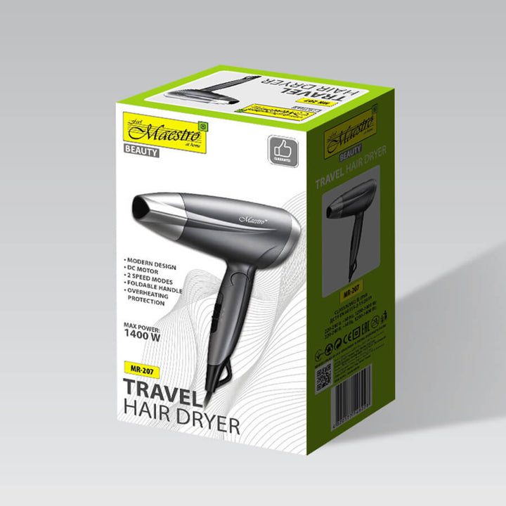 Maestro Haartrockner, Leistung 1400W, klappbarer Griff, 2 Luftgeschwindigkeiten, Konzentrator, MR-207