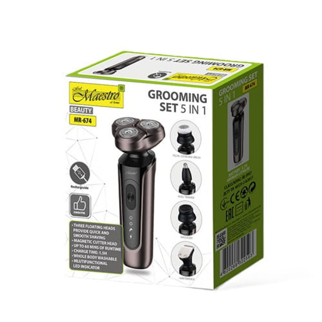 Maestro 5-in-1 Rasierset, Rasierer, Nasentrimmer, Gesichtsreinigungsbürste, Massageaufsatz, Haartrimmer, wasserdichtes Gehäuse, bis zu 60 Min. Laufzeit, MR-674