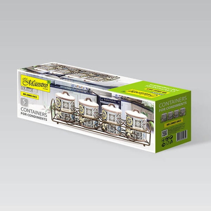 Holiday in Porto Maestro Keramikbehälter-Set, 5 Stück, 200ml Fassungsvermögen, ideal für Gewürze, mit Metallständer, MR-20005-04CS