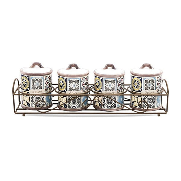 Holiday in Porto Maestro Keramikbehälter-Set, 5 Stück, 200ml Fassungsvermögen, ideal für Gewürze, mit Metallständer, MR-20005-04CS