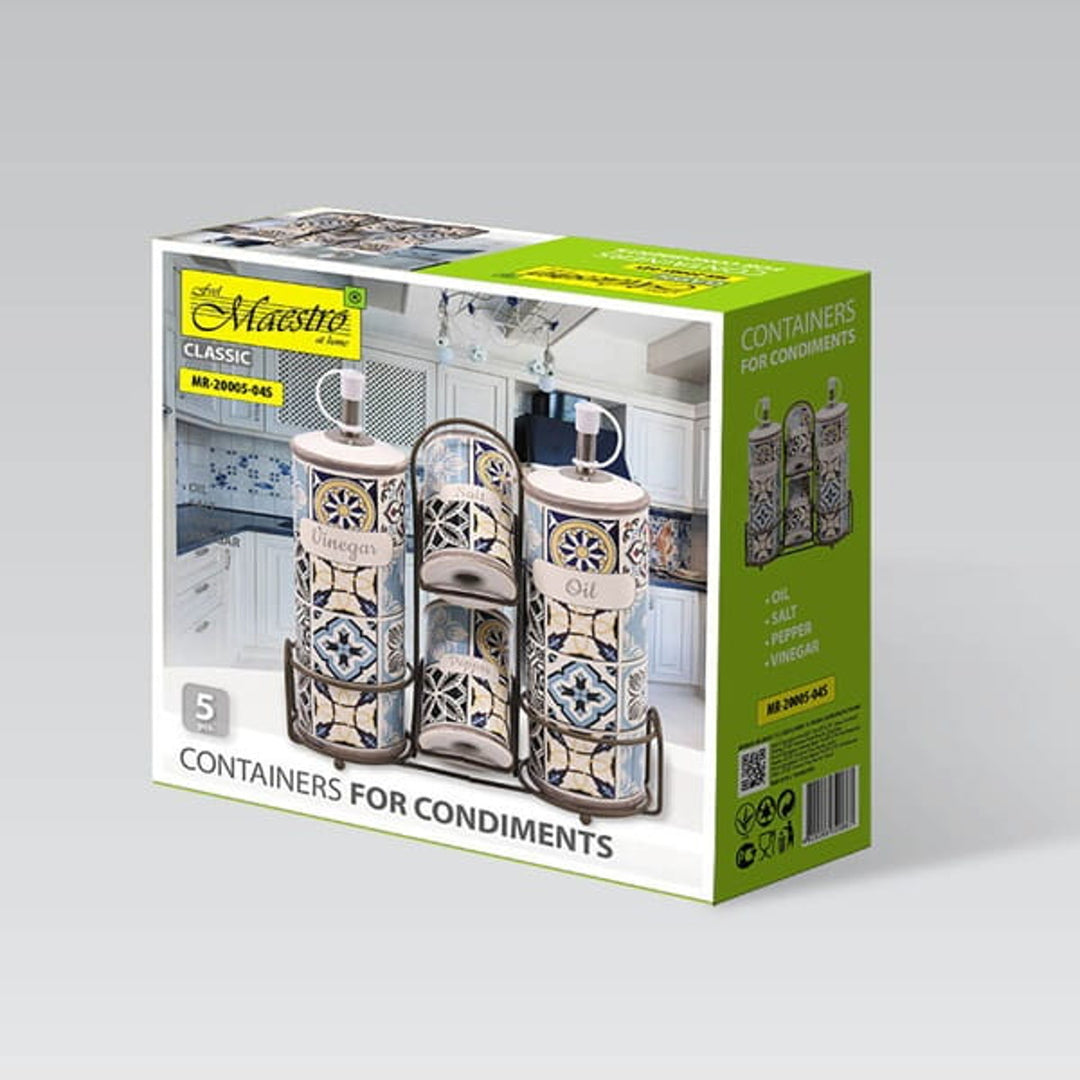 Holiday in Porto Maestro Keramik-Gewürzset, 5 Elemente, Fassungsvermögen 2x100ml und 2x300ml, Mit Metallständer, MR-20005-04S
