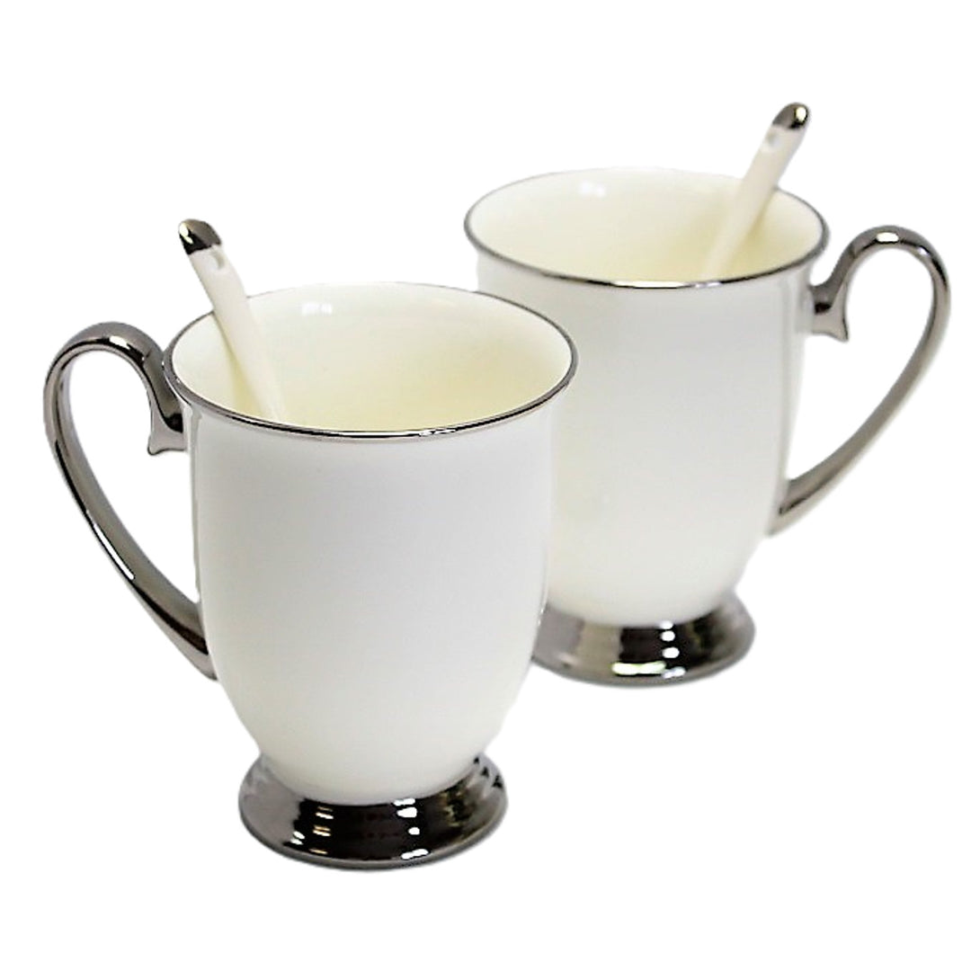 Weiße Becher 2pc Chrome Griffe, Teelöffel, Porzellan, Elegant, Königin Isabel