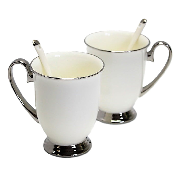 Weiße Becher 2pc Chrome Griffe, Teelöffel, Porzellan, Elegant, Königin Isabel