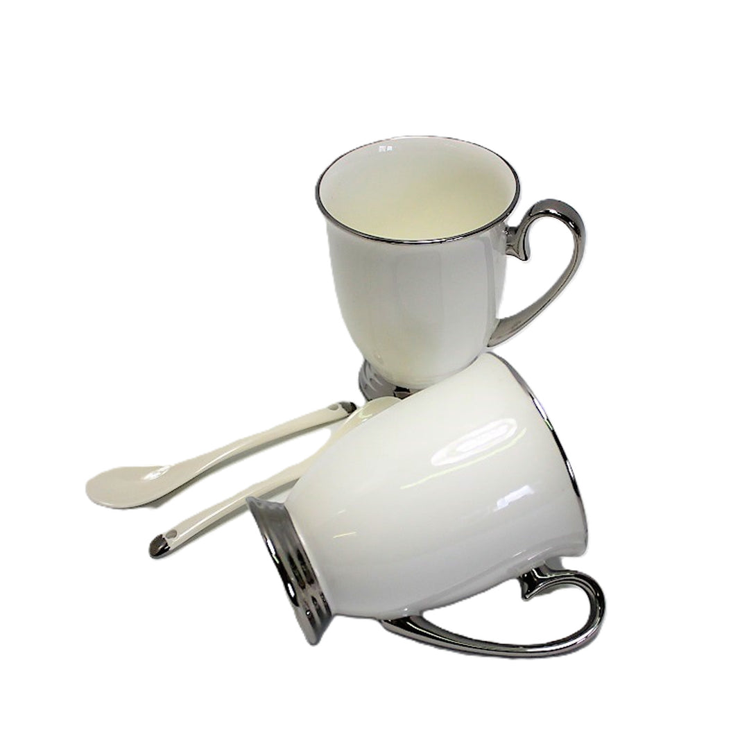 Weiße Becher 2pc Chrome Griffe, Teelöffel, Porzellan, Elegant, Königin Isabel