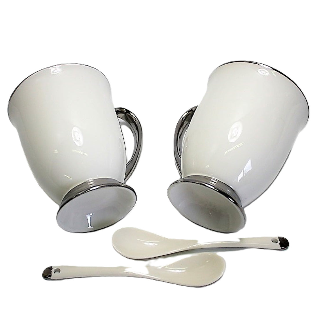 Weiße Becher 2pc Chrome Griffe, Teelöffel, Porzellan, Elegant, Königin Isabel