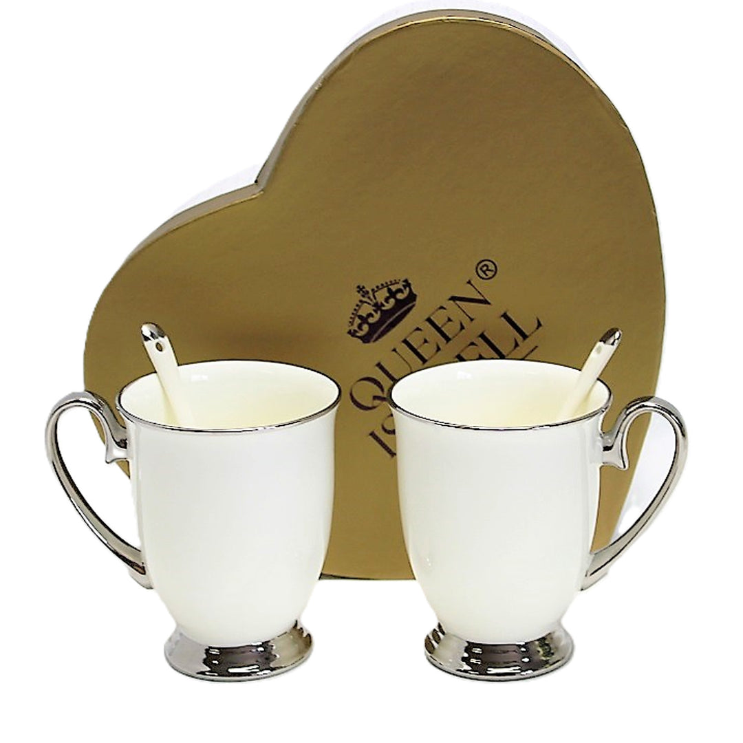 Weiße Becher 2pc Chrome Griffe, Teelöffel, Porzellan, Elegant, Königin Isabel