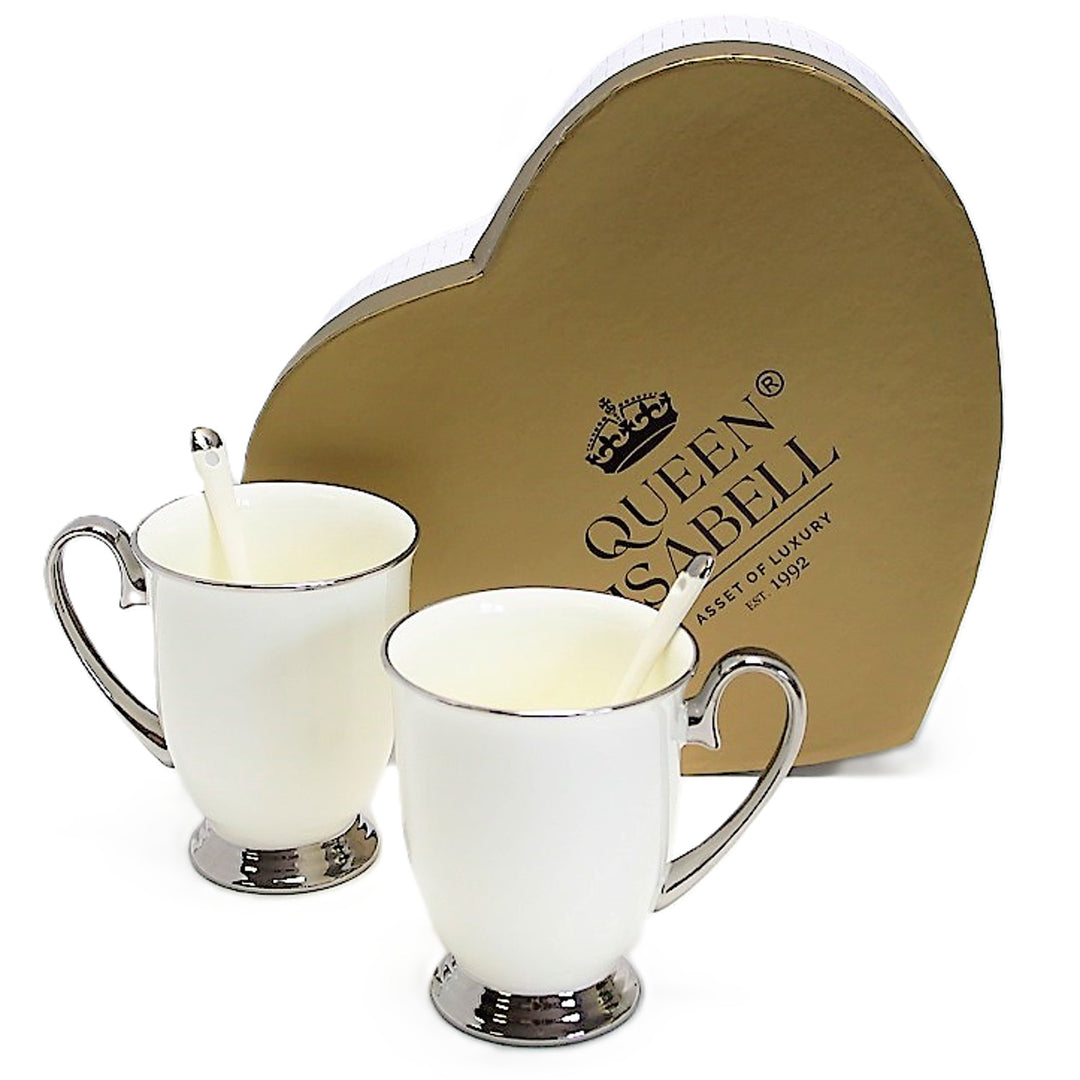 Weiße Becher 2pc Chrome Griffe, Teelöffel, Porzellan, Elegant, Königin Isabel