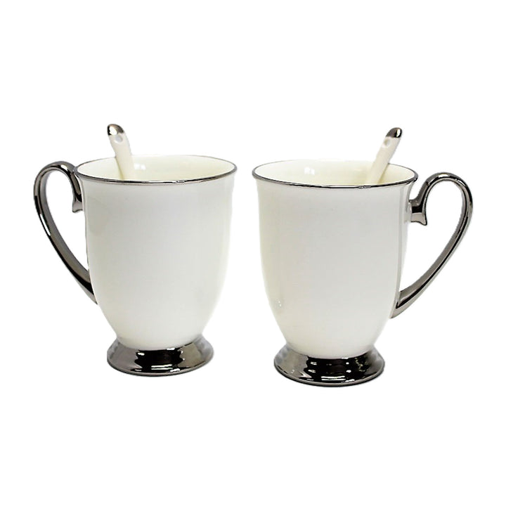 Weiße Becher 2pc Chrome Griffe, Teelöffel, Porzellan, Elegant, Königin Isabel