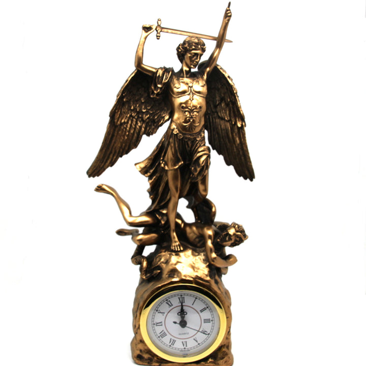 Erzengel-Michael-Figur, Uhr, religiöse Bronzeskulptur, Königin Isabel