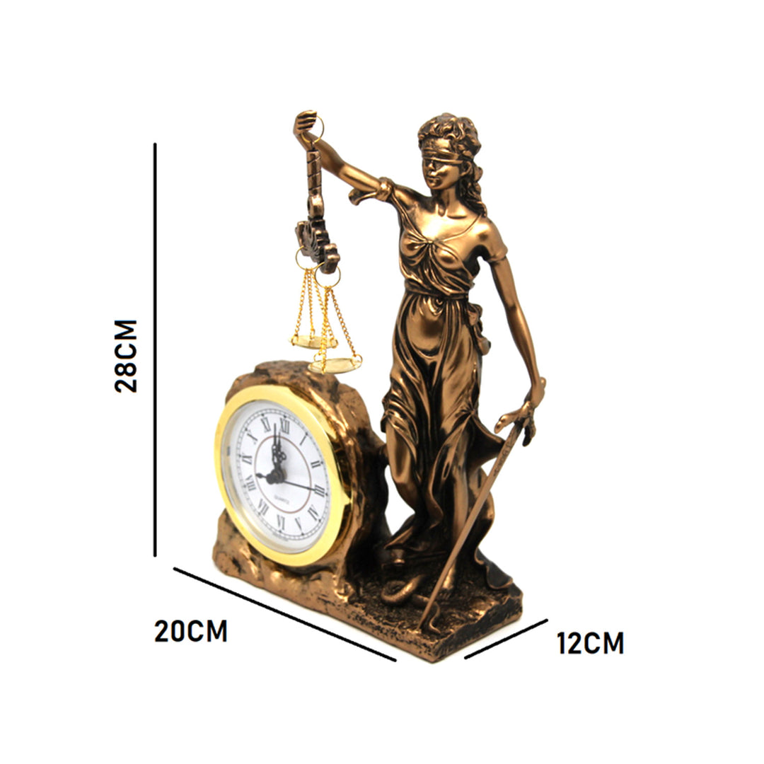 Figur der Temida, Göttin der Gerechtigkeit, Uhr, Königin Isabel