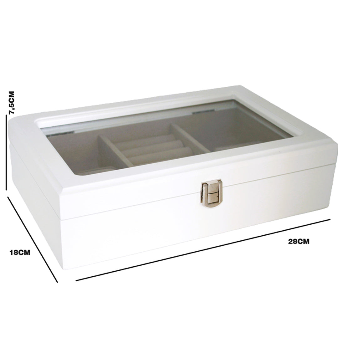 Schmuckkästchen, Holz, weiß, Organizer, Fächer, Glasdeckel, Queen Isabel