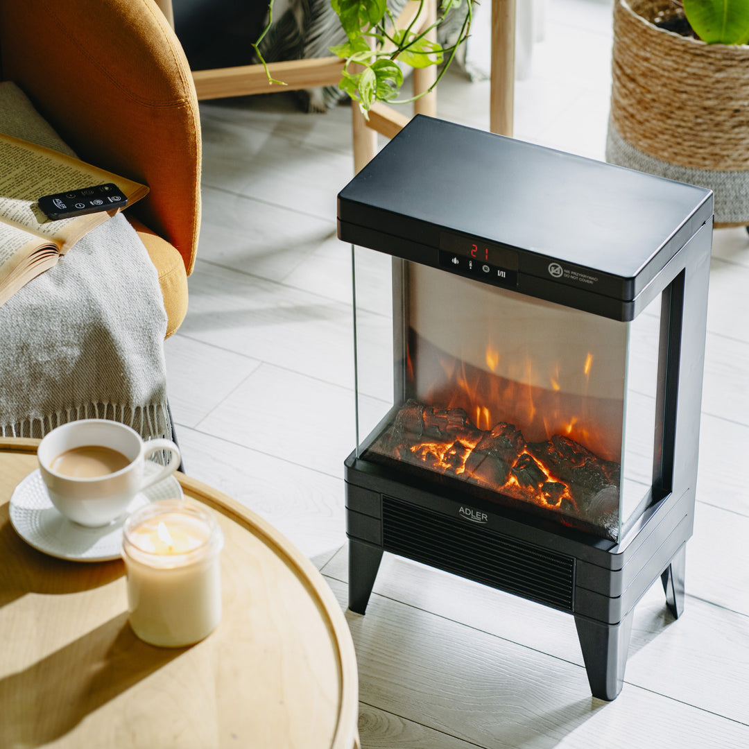 LED-Elektrokamin mit Fernbedienung, 2 Heizleistungen 1000W/2000W, Thermostat, Adler AD 7755