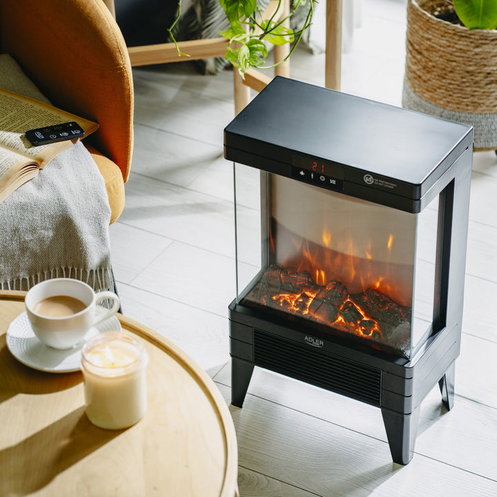 LED-Elektrokamin mit Fernbedienung, 2 Heizleistungen 1000W/2000W, Thermostat, Adler AD 7755