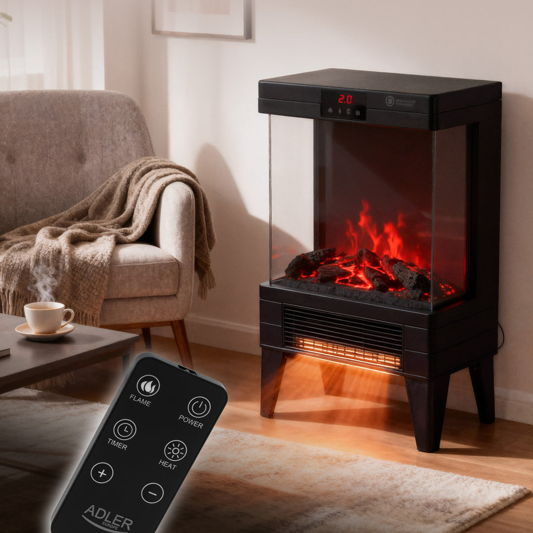 LED-Elektrokamin mit Fernbedienung, 2 Heizleistungen 1000W/2000W, Thermostat, Adler AD 7755