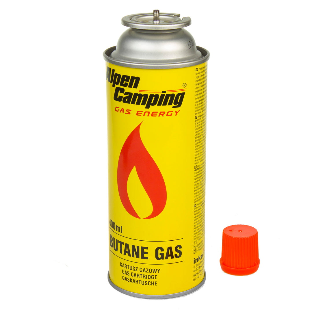 Gaskartusche 400ml Alpen Camping, Zertifikat: Pi 0875, entspricht EN417, Isobutan, Einsatzbereich -10°C bis + 40°C, IK004, 3 Stück.