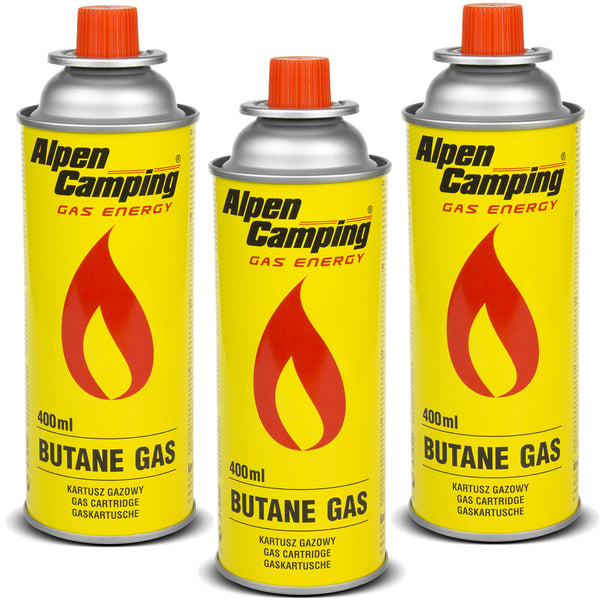 Gaskartusche 400ml Alpen Camping, Zertifikat: Pi 0875, entspricht EN417, Isobutan, Einsatzbereich -10°C bis + 40°C, IK004, 3 Stück.