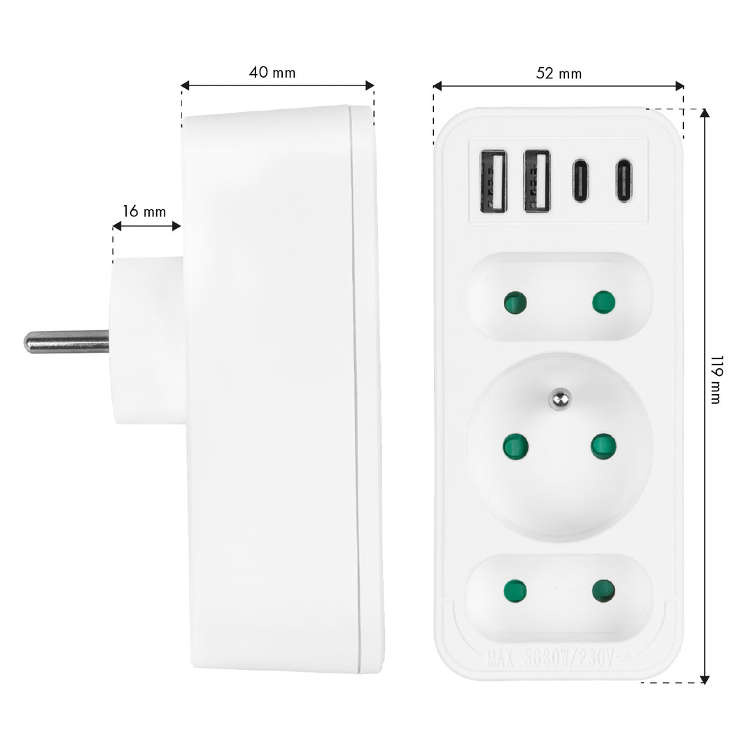 Stromanschluss x3 + 4xUSB Maclean, 3-Steckdosen-Verteiler, 2xUSB A, 2xUSB C PD 20W, 1x16A + 2x6A, MCE248 F/W, 2 Stück