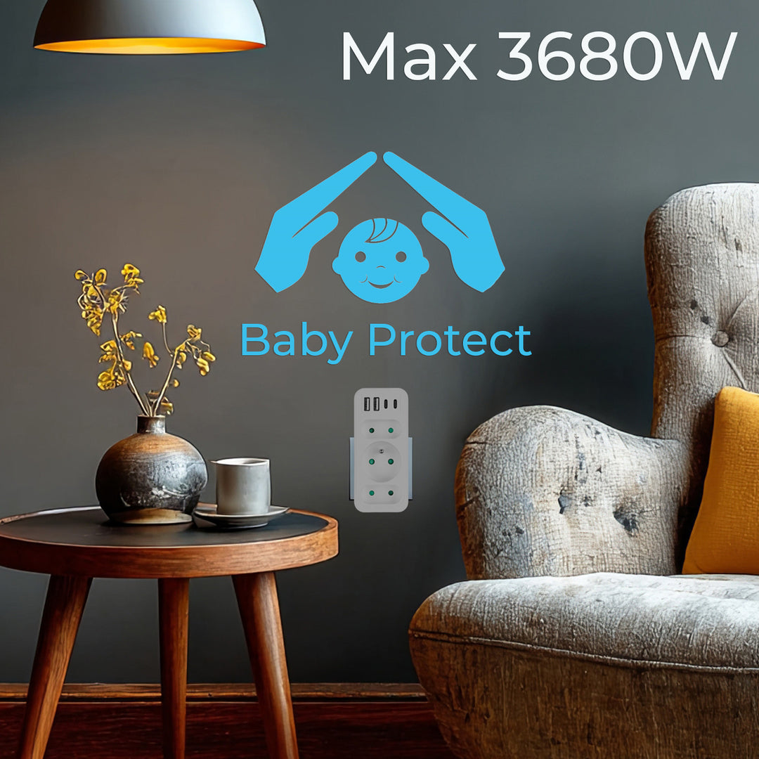 Stromanschluss x3 + 4xUSB Maclean, 3-Steckdosen-Verteiler, 2xUSB A, 2xUSB C PD 20W, 1x16A + 2x6A, MCE248 F/W, 2 Stück