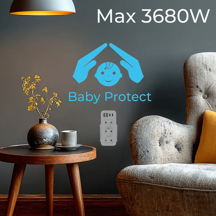 Stromanschluss x3 + 4xUSB Maclean, 3-Steckdosen-Verteiler, 2xUSB A, 2xUSB C PD 20W, 1x16A + 2x6A, MCE248 F/W, 2 Stück