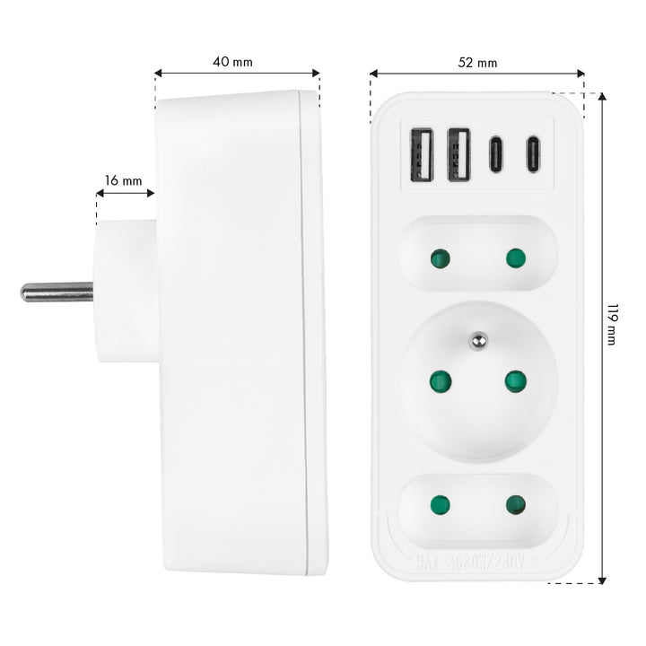 Stromanschluss x3 + 4xUSB Maclean, 3-Steckdosen-Verteiler, 2xUSB A, 2xUSB C PD 20W, 1x16A + 2x6A, MCE248 F/W, 3 Stück