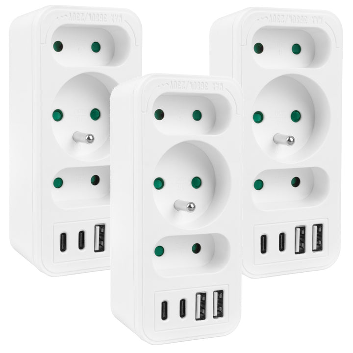 Stromanschluss x3 + 4xUSB Maclean, 3-Steckdosen-Verteiler, 2xUSB A, 2xUSB C PD 20W, 1x16A + 2x6A, MCE248 F/W, 3 Stück