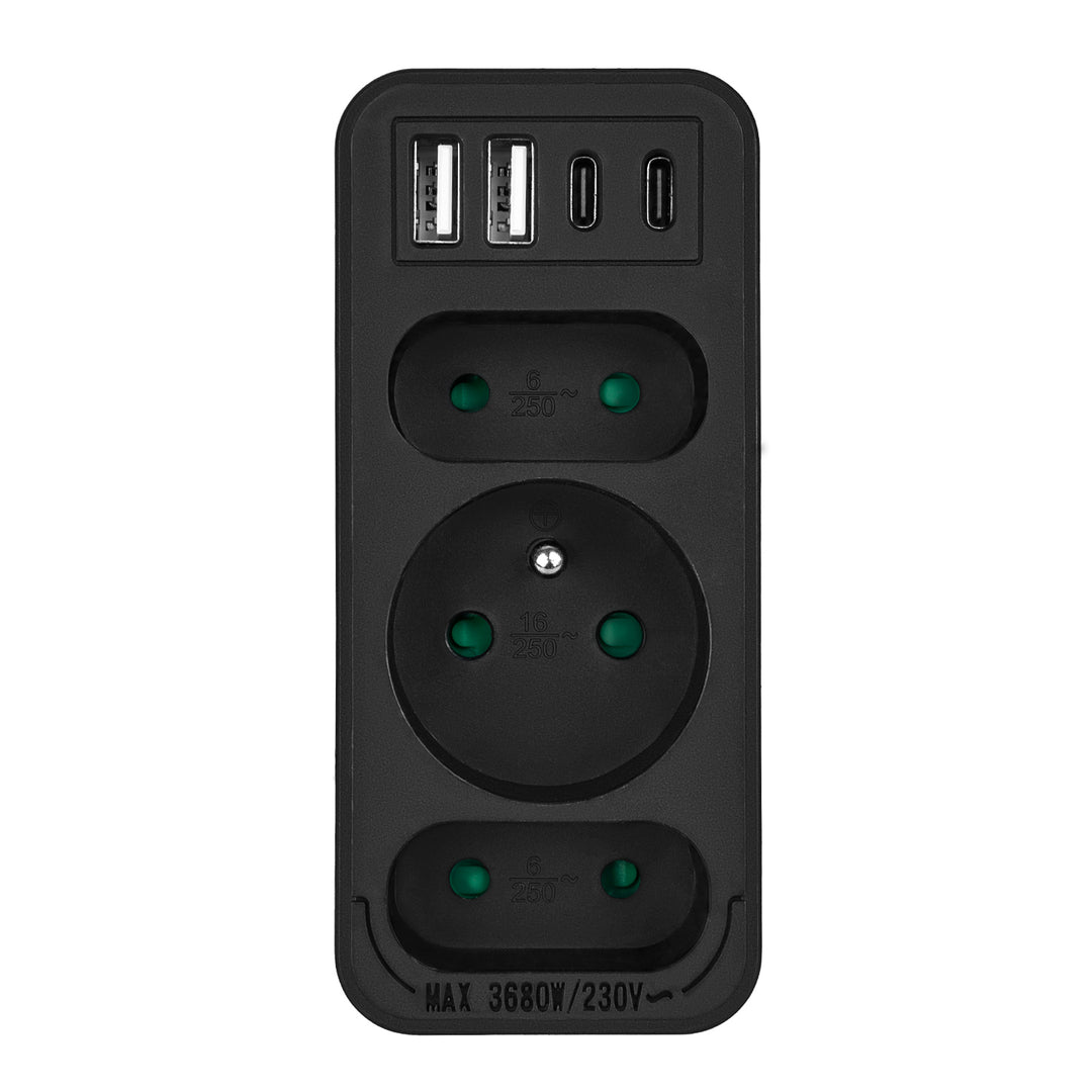Stromanschluss x3 + 4xUSB Maclean, 3-Steckdosen-Verteiler, 2xUSB A, 2xUSB C PD 20W, 1x16A + 2x6A, MCE248 F/B, 2 Stück