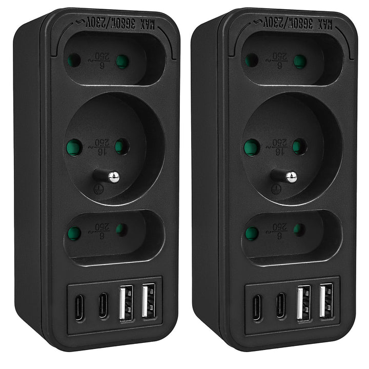 Stromanschluss x3 + 4xUSB Maclean, 3-Steckdosen-Verteiler, 2xUSB A, 2xUSB C PD 20W, 1x16A + 2x6A, MCE248 F/B, 2 Stück