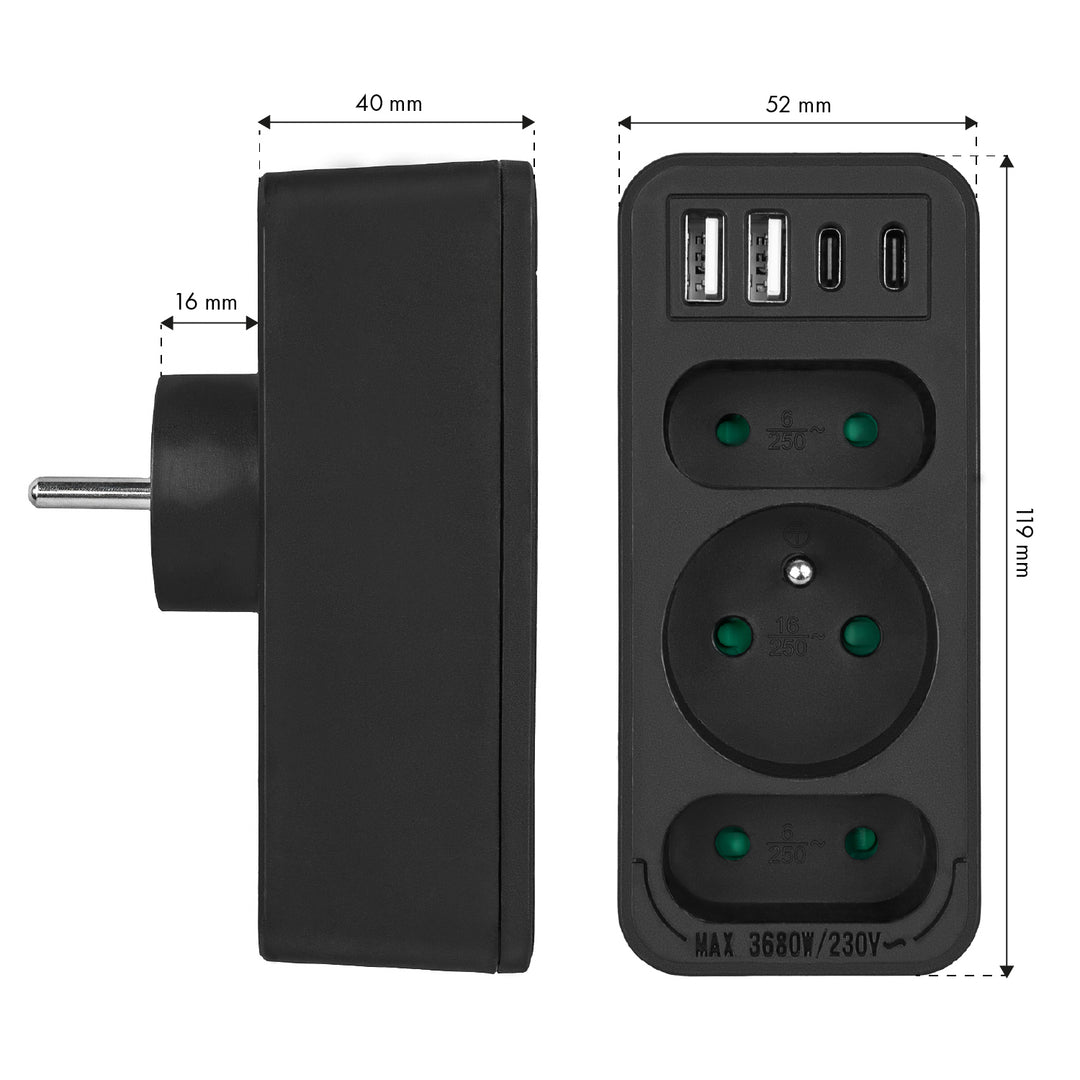 Stromanschluss x3 + 4xUSB Maclean, 3-Steckdosen-Verteiler, 2xUSB A, 2xUSB C PD 20W, 1x16A + 2x6A, MCE248 F/B, 3 Stück